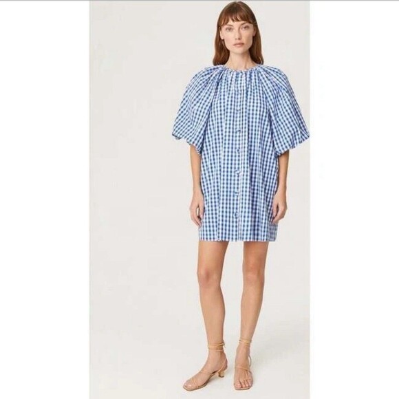 RHODE Dress Womens Large Blue White Gingham Check Mini Puff Sleeve Paloma